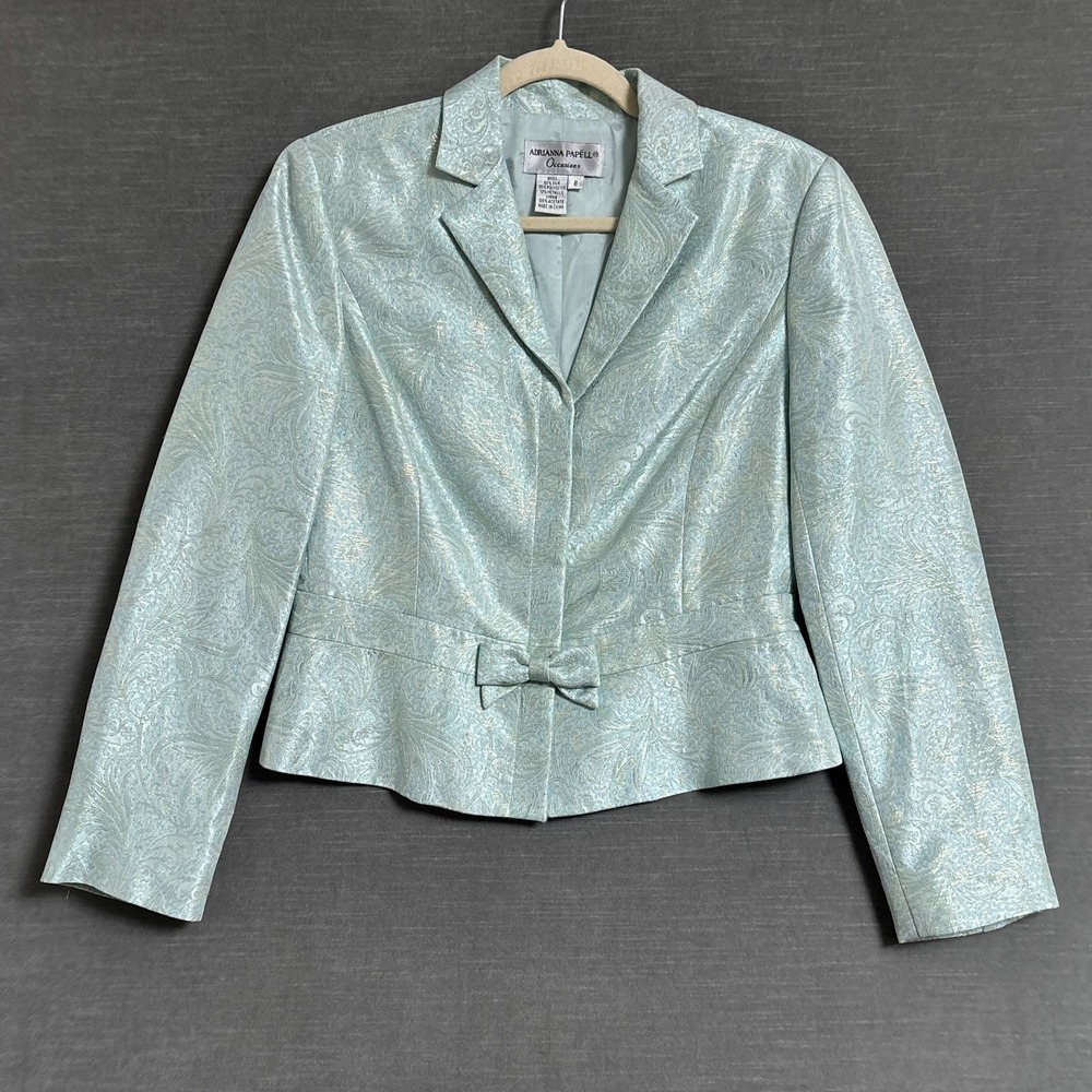 Adrianna Papell Blazer Jacket 8 Blue Gold Paisley Jacquard Bow Evening Formal